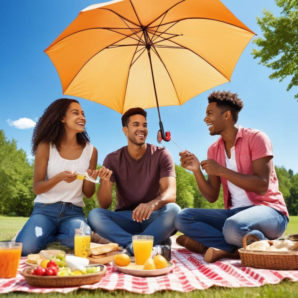 A sunny scene featuring a group of young adults engaged in various outdoor activities like biking and picnicking, with an umbrella symbolizing insurance protection overhead. Include cheerful expressions and elements that signify safety, like helmets and first-aid kits, set against a bright blue sky. The image should convey a sense of fun and security, blending joy with practical advice on insurance. vibrant colors. super-realistic.